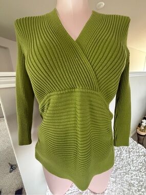 Women’s Olive Ribbed V-Neck Wrap Sweater